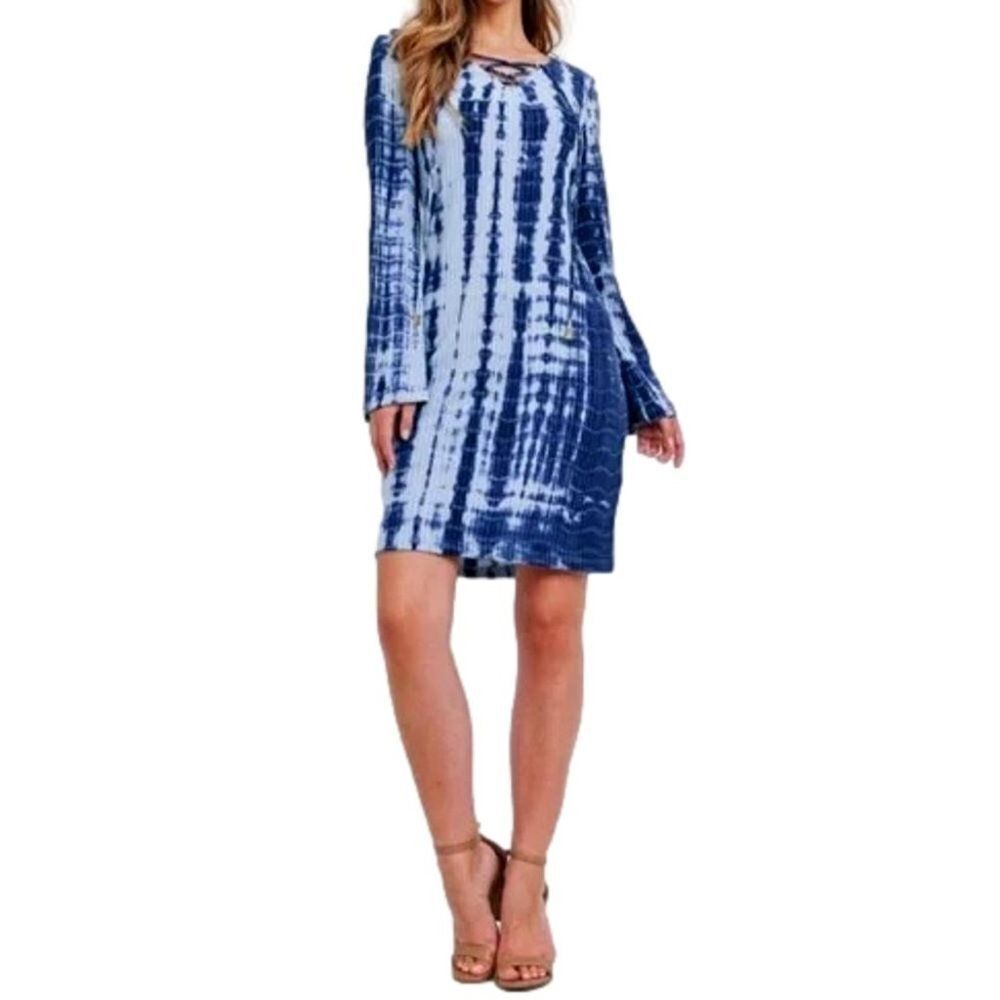 Retro Blue Tie-Dye Shift Dress ~ Boho Bell Sleeves ~ Round Neck ~ NEW IN PACKAGE - Picture 4 of 10
